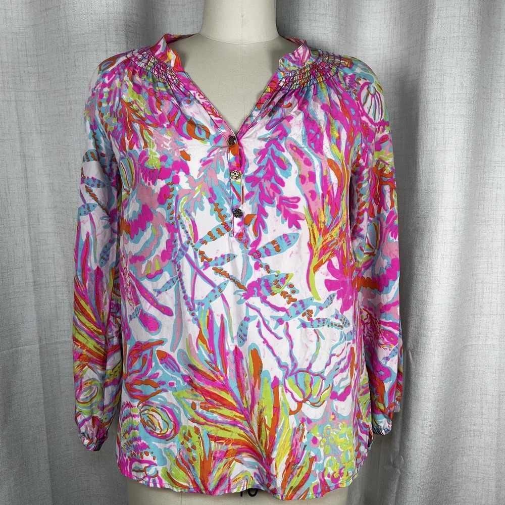Lilly Pulitzer‎ Blouse Top Elsa Silk Resort Summer Button Up Colorful Sz  Small